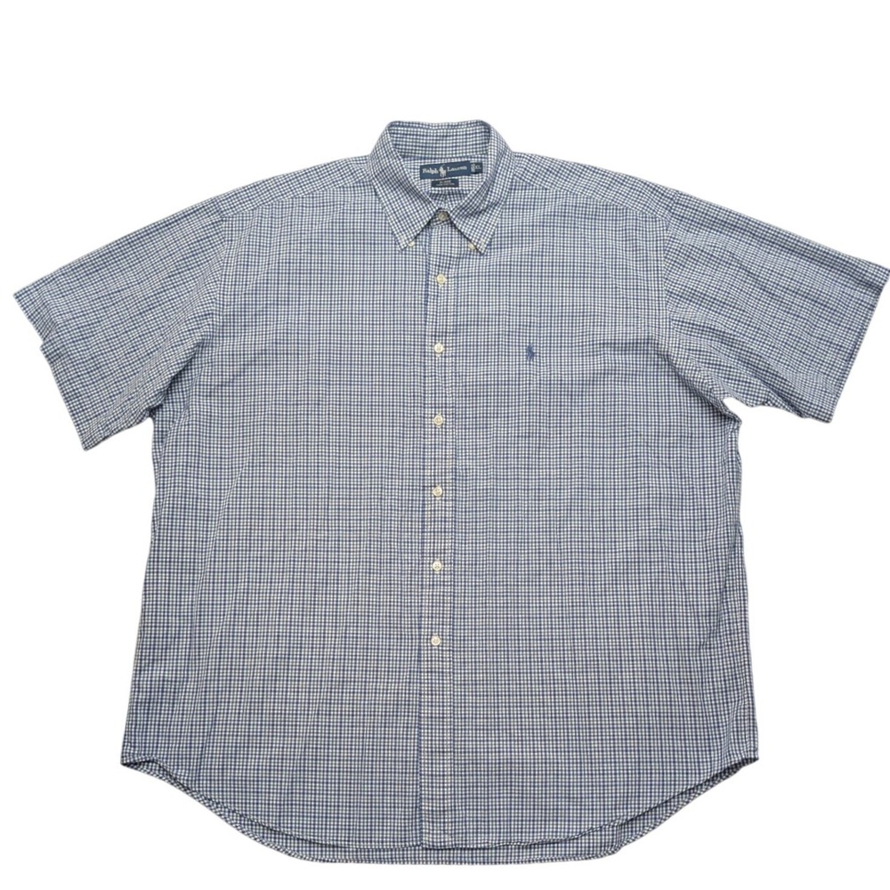 Ralph Lauren Blake Shirt Mens XL Blue Gingham Cotton Short Sleeve Button Up